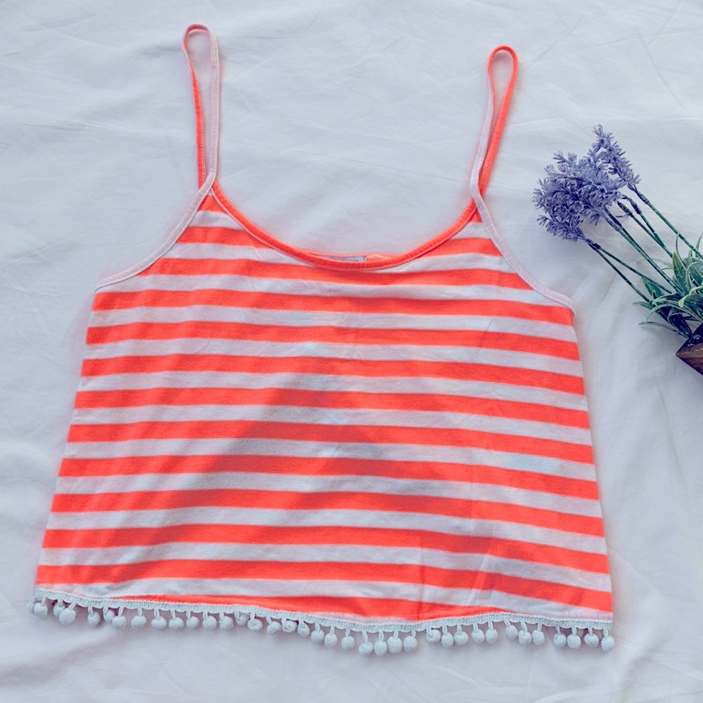 Charlotte Russe crop tank, neon peach & white stripes, Pom Pom & open back, S